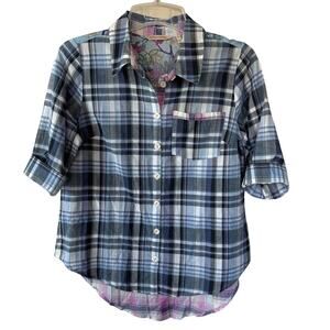 Soft Surroundings plaid floral embroidered short sleeves shirt size P/S